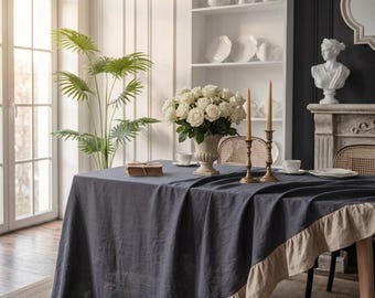 French Linen Ruffle Tablecloth, Cottagecore Farmhouse Table Cover, Two Tone Linen Tablecloth, Rustic Dining Table Decor