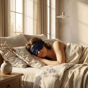 May include: A solid navy blue sleep mask with an elastic strap, worn over the eyes. The mask is made of a smooth fabric and features a contoured shape designed to block out light, providing a simple and functional accessory for rest.