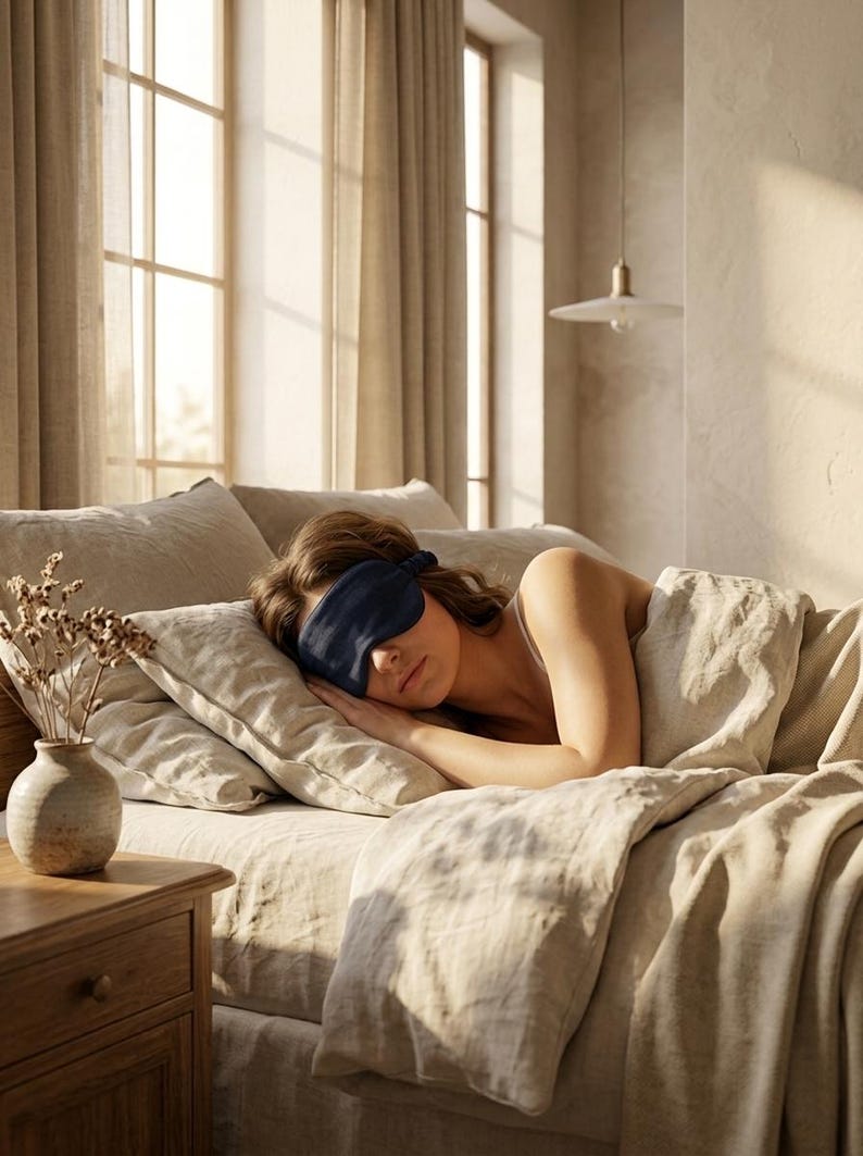 May include: A solid navy blue sleep mask with an elastic strap, worn over the eyes. The mask is made of a smooth fabric and features a contoured shape designed to block out light, providing a simple and functional accessory for rest.