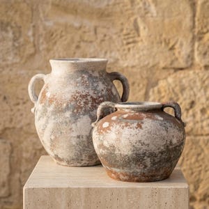 Può includere: Due vasi in terracotta con una finitura invecchiata e usurata nei toni del bianco, grigio e marrone terra. Ogni recipiente presenta un corpo arrotondato, un'apertura ampia e due piccole maniglie curve sui lati, con una superficie strutturata.