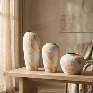 Vaso in ceramica testurizzata, vaso rustico neutro, decorazione in stile country, vaso Wabi Sabi, vaso in terracotta beige, decorazione per mensole, 3 misure
