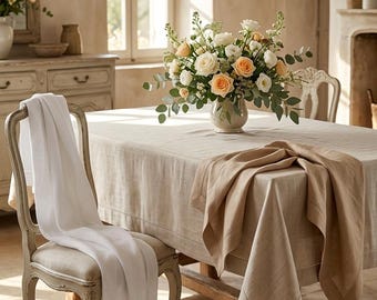 French Linen Tablecloth, Natural Linen Table Cover, Farmhouse Dining Tablecloth, Neutral Linen Decor, Cottagecore Kitchen Linen