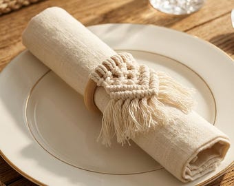 Boho Macrame Napkin Rings Set of 4, Handmade Cotton Rope Tassel Napkin Holders, Wooden Ring Table Decor, Rustic Wedding Table Setting