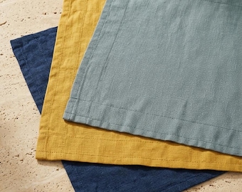 French Linen Placemats Set, Linen Table Mats, Farmhouse Table Decor, Prussian Blue Mustard Yellow Placemat, Dining Table Setting