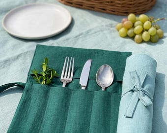Set of 2 Linen Cutlery Roll, Reusable Utensil Organizer, Picnic Silverware Holder, Camping Flatware Wrap, Eco Friendly Table Setting