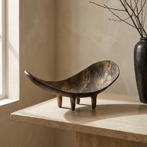 Antique Bronze Sculptural Footed Bowl, Wabi Sabi Centerpiece, Organic Modern Resin Decor, Primitive Console & Coffee Table Decor
