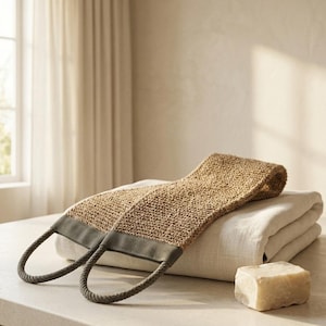 May include: A long, textured, tan woven back scrubber with dark gray fabric handles at each end, resting on a folded off-white linen cloth next to a rectangular bar of beige soap. The scrubber features a coarse, natural-looking fiber weave.