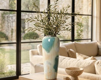 Handmade Japandi Ceramic Vase, Sage Green Cream Glaze, Wabi Sabi Decor, 13.8 Inch