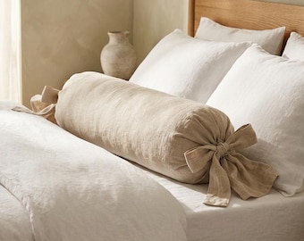 100% Linen Bolster Pillow Cover, Candy Shape Tie-End Body Pillowcase, Farmhouse Decor