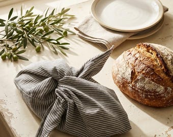 Set of 2 Linen Bread Bags, Reusable Sourdough Bread Storage Bag, French Stripe Bread Wrap, Eco Friendly Kitchen Gift