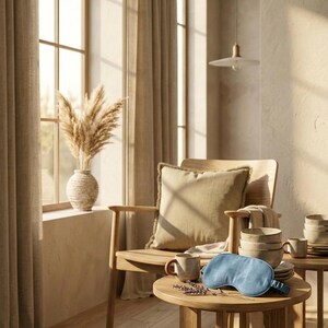 May include: A blue fabric sleep mask resting on a round wooden side table next to a ceramic mug and a small sprig of dried lavender. The scene includes a wooden chair with a beige cushion, a textured vase with pampas grass, and curtains.