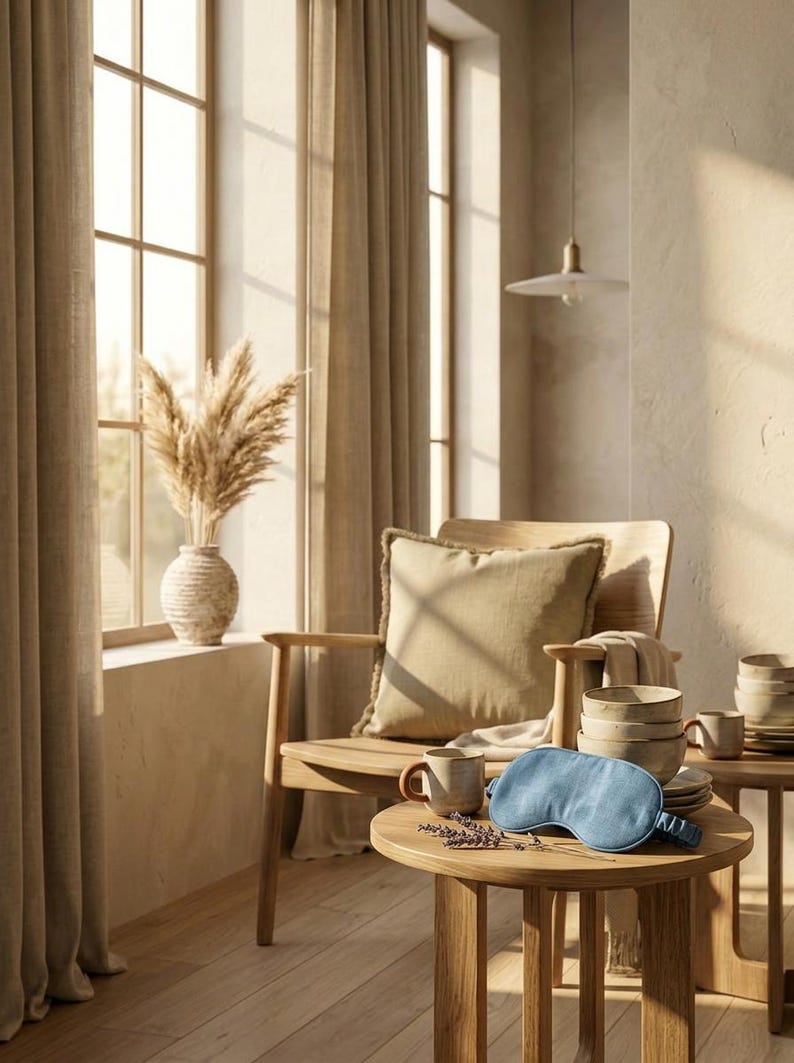 May include: A blue fabric sleep mask resting on a round wooden side table next to a ceramic mug and a small sprig of dried lavender. The scene includes a wooden chair with a beige cushion, a textured vase with pampas grass, and curtains.