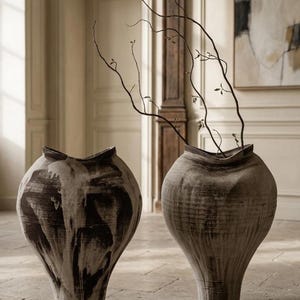 May include: Two large, bulbous ceramic floor vases with a textured, weathered finish. The left vase features bold, dark brown vertical drip patterns over a light beige base. The right vase has a similar shape and contains thin, bare branches.