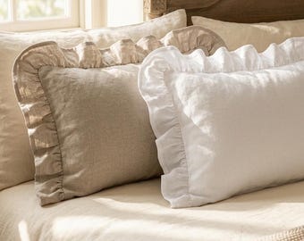 French Linen Toddler Pillowcase, 3 Sided Ruffle Pillow Cover, Nursery Pillowcase, Kids Linen Pillow Cover, Soft Washed Linen Bedding
