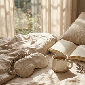 May include: A beige linen sleep mask with an elasticated strap resting on a matching beige linen duvet cover, accompanied by an open book, a ceramic mug filled with a warm beverage, and a small sprig of dried lavender on the textured fabric.