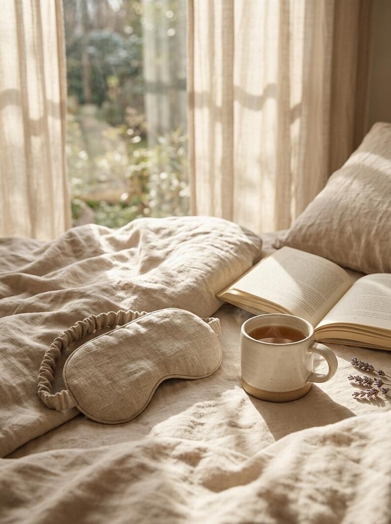 May include: A beige linen sleep mask with an elasticated strap resting on a matching beige linen duvet cover, accompanied by an open book, a ceramic mug filled with a warm beverage, and a small sprig of dried lavender on the textured fabric.