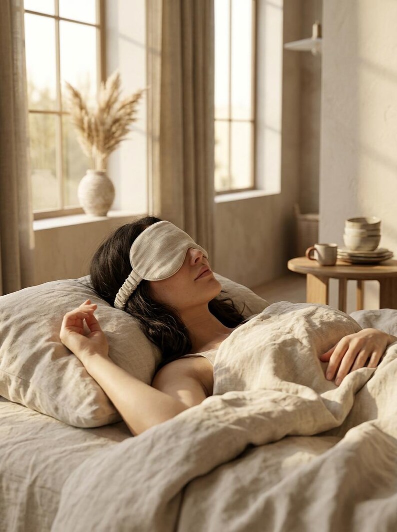 May include: A beige sleep mask with a gathered elastic strap worn over the eyes. The mask is made of a textured fabric and features a contoured shape designed to cover the eye area completely while resting against the face for light blocking.