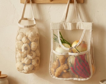 Garlic and Onion Storage Bag Set, Hanging Mesh Produce Bags, Cotton Linen Vegetable Storage Organizer, Farmhouse Kitchen Storage Set