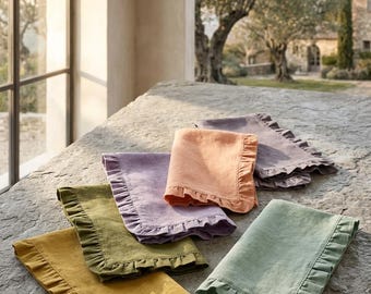 Ruffle Linen Napkins Set of 2 4 6 8, Stonewashed Linen Dinner Napkins, Wedding Table Decor, Farmhouse Cloth Napkins