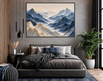 Moody Mountain Landscape Canvas Print, Blue Cream Rustic Wall Art (Nature Inspired)