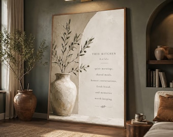 Kitchen Quote Canvas Print, Neutral Beige Olive Branch Vase Wall Art, Japandi Farmhouse Kitchen Decor, Minimalist Typography