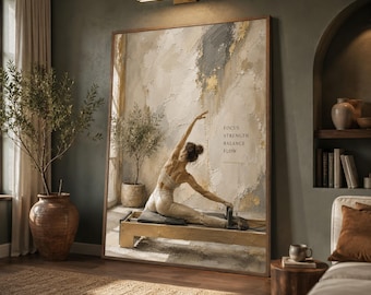 Neutral Pilates Figure Canvas Print, Beige Gold Artwork, Serene Bedroom Wall Decor