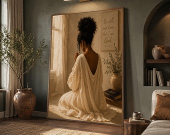 Christian Prayer Wall Art, Black Woman Praying, Psalm 46:10 Scripture Canvas Print