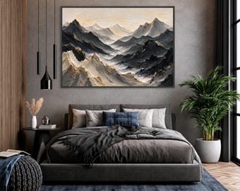 Moody Mountain Canvas Print, Black Beige Abstract Landscape Wall Art