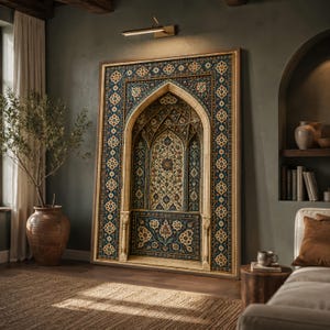 May include: A large rectangular wall art piece featuring a detailed illustration of an arched alcove with intricate blue, cream, and terracotta floral tile patterns. The artwork is framed in wood and displays a symmetrical design with geometric borders.