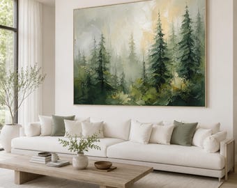 Misty Pine Forest Canvas Print, Green Woodland Landscape Wall Art, Rustic Cabin Decor