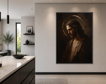 Lienzo con la imagen de Jesús melancólico, arte mural espiritual, obra de arte religiosa de estilo vintage.