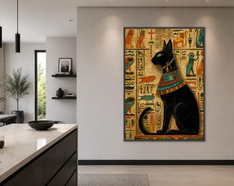 Egyptian Cat Canvas Print, Vintage Wall Art with Hieroglyphs, Perfect for Living Room or Office Decor, Unique Home Decoration