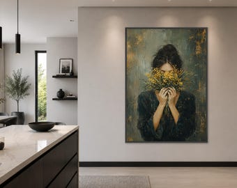 Moody Woman Holding Yellow Flowers Canvas Print, Abstract Floral Wall Art