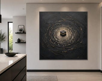 Abstract Kaaba Pilgrimage Canvas Print, Black Gold Spiritual Decor, Muslim Wall Art