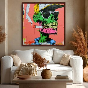 Lienzo con estampado de calavera neón, arte mural de esqueleto graffiti, decoración punk urbana. Walnut Frame