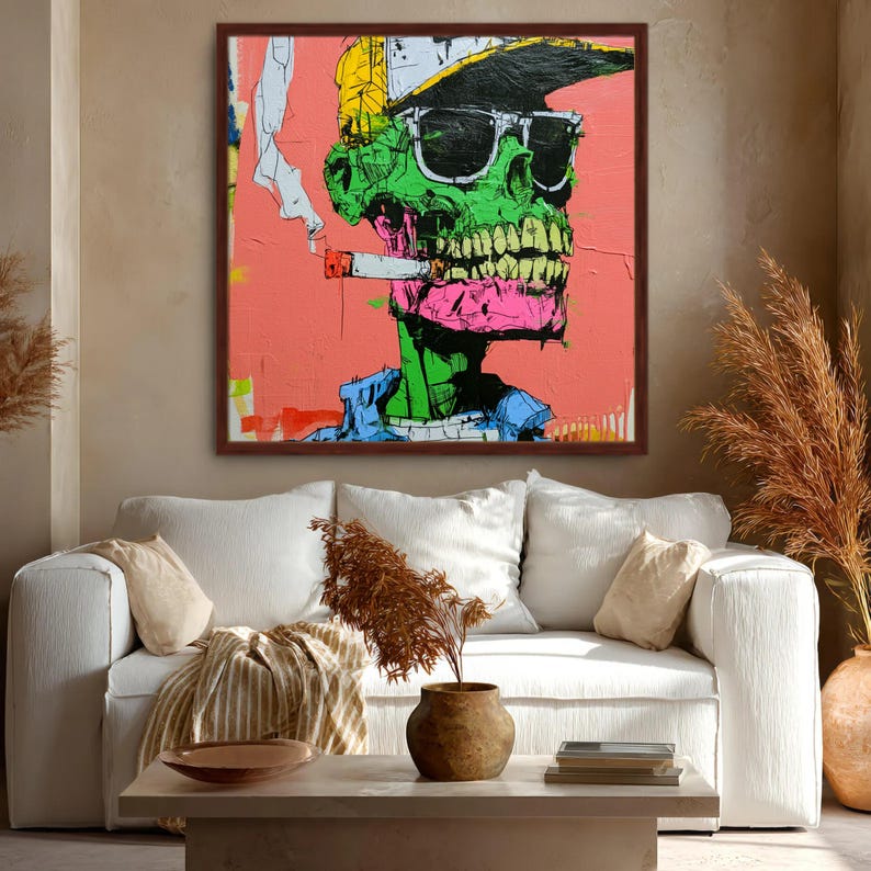 Lienzo con estampado de calavera neón, arte mural de esqueleto graffiti, decoración punk urbana. Walnut Frame