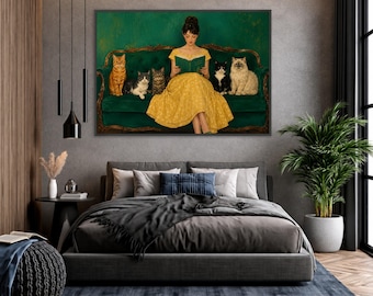 Vintage Cat Lover Canvas Print, Elegant Woman with Cats, Cozy Living Room Decor