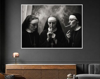 Black and White Nuns Smoking Canvas Print, Unique Wall Art for Home Decor, Bold Statement Piece, Religious Themed Artwork