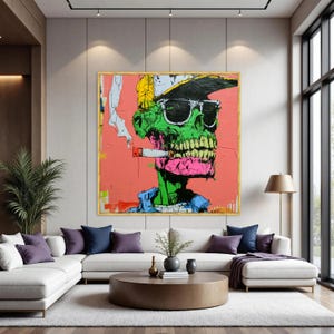 Lienzo con estampado de calavera neón, arte mural de esqueleto graffiti, decoración punk urbana. Gold Frame