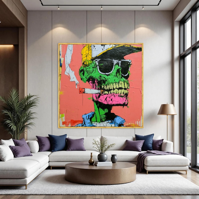 Lienzo con estampado de calavera neón, arte mural de esqueleto graffiti, decoración punk urbana. Gold Frame