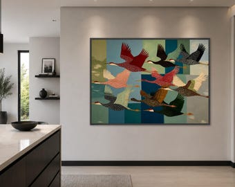Colorful Crane Canvas Print, Abstract Bird Wall Art, Modern Home Decor