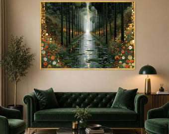 Vintage Floral Landscape Canvas Print, Serene Nature Wall Art, Colorful Garden Scene