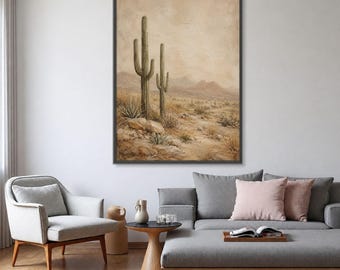 Desert Cactus Landscape Canvas Art, Rustic Southwestern Wall Decor