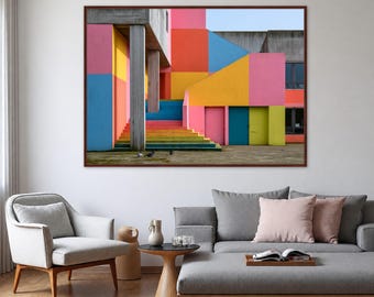 Colorful Geometric Architecture Canvas Print, Modern Building Wall Art, Pink Blue Yellow Staircase Photo Decor, geometric building