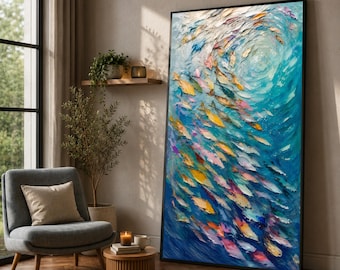Colorful Fish School Canvas Print, Abstract Ocean Wall Art, Coastal Decor