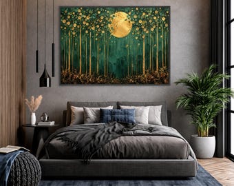 Elegant Green Forest Canvas Print with Golden Moon, Stunning Wall Art for Living Room, Bedroom, or Office Decor, Gustav Klimt