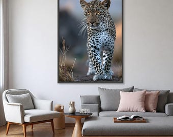 Leopard Canvas Print, Wildlife Big Cat Portrait, Neutral Safari Nature Decor