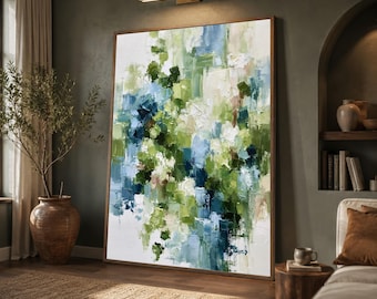 Abstract Green Blue Canvas Print, Vertical Modern Sage Cream Art