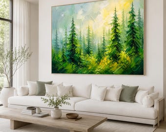 Pine Forest Canvas Print, Green Woodland Landscape Wall Art, Evergreen Tree Nature Decor, Sunlit Misty Scenic Artwork, pine forest print