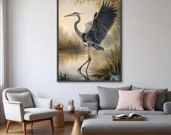Elegant Heron Canvas Print, Serene Wildlife Wall Art, Nature Decor